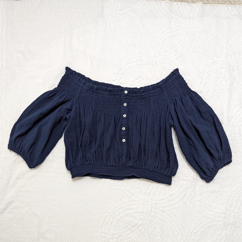 We The Free Women's Size Medium Cropped 3/4 Sleeve Boat Neck Peasant Top